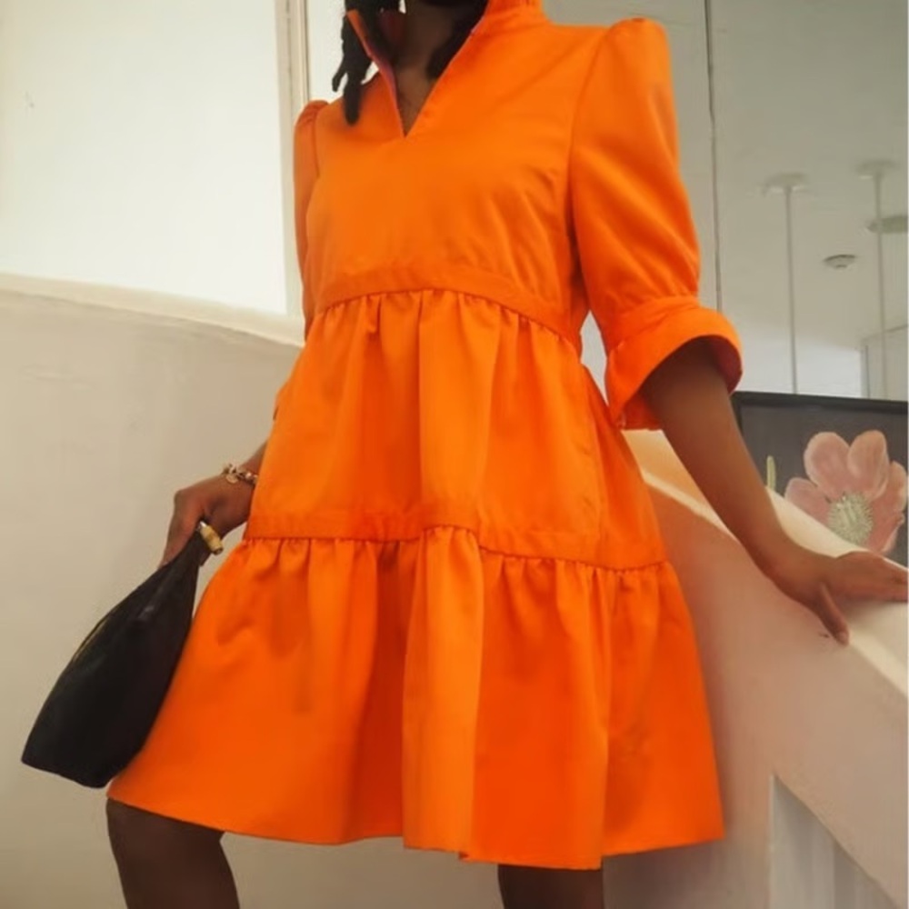 Gretchen Scott ORANGE Ruffled Dress with Puff Sleeves
